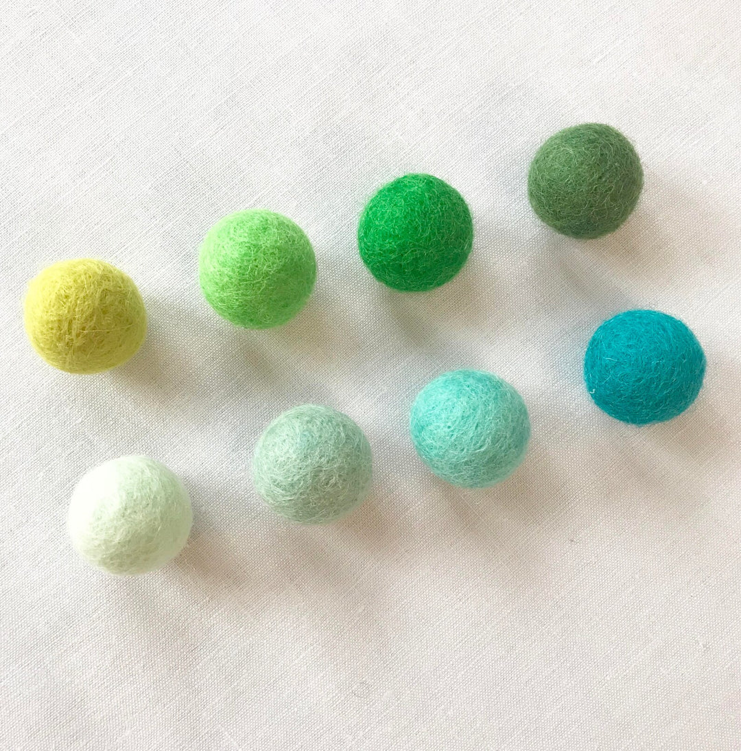 Little Lark Felt Balls Chartreuse, Bright Green, Kelly Green, Forest Green, Aqua Blue, Peacock, Mint, Seafoam